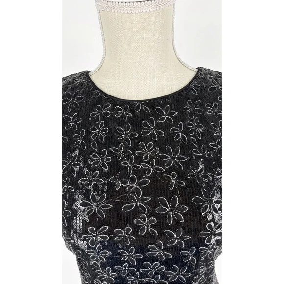 Badgley Mischka Black Silver Sequin Floral Lace Cocktail Dress Size 4 Sleeveless - Picture 6 of 10